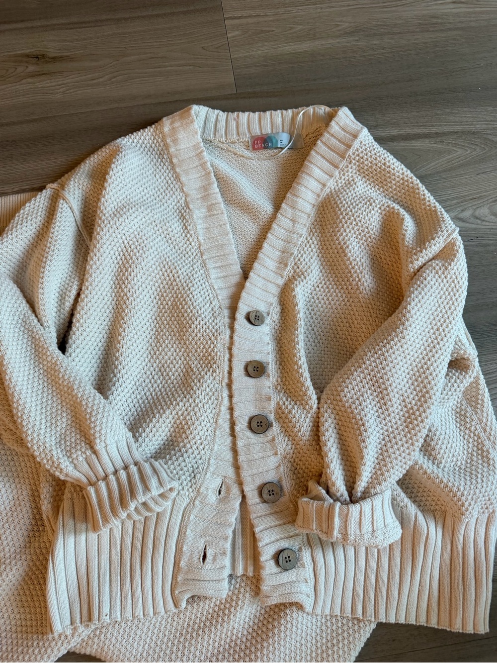 Free People Cream Waffle-Knit Button Cardigan